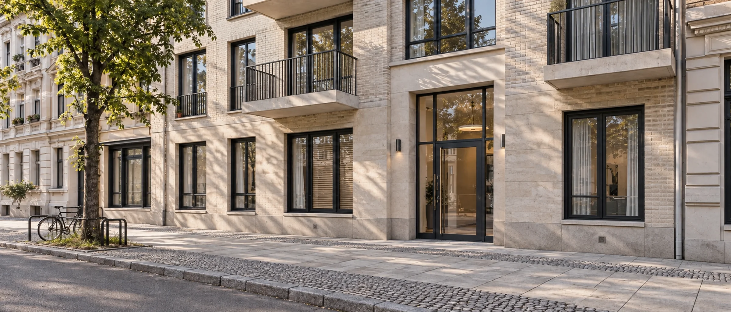 Gepflegter Berliner Neubau mit hellem Klinker, verglastem Eingang und typischem Berliner Gehweg – Symbolbild